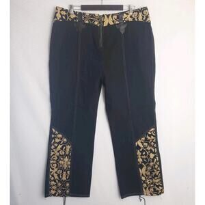 Womens Western Rodeo Bootcut Jeans Black w/ Gold Embroidery & Faux Leather Sz 22